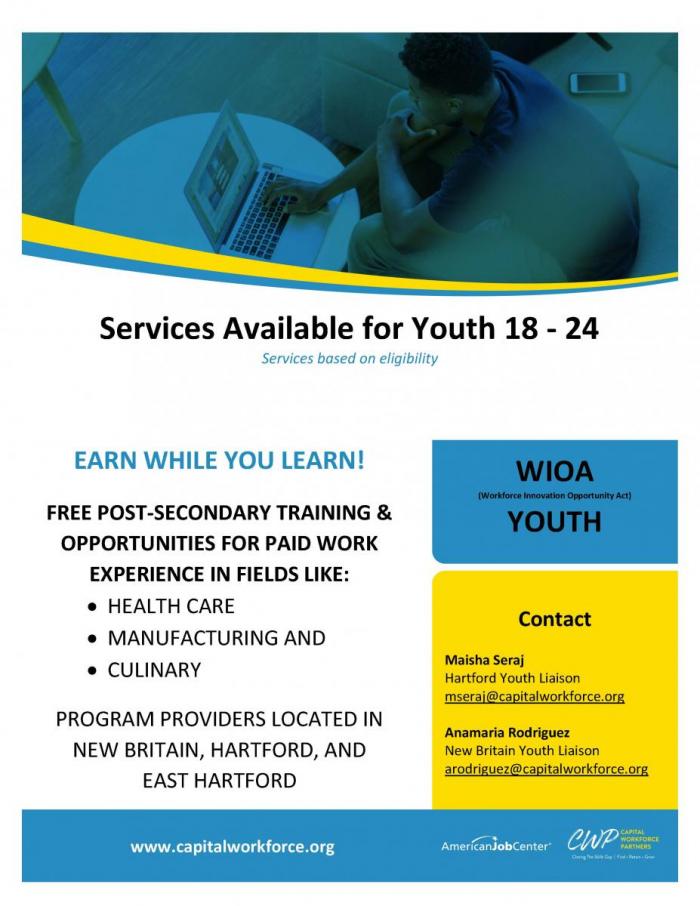 WIOA Youth Flyer FREE POST-SECONDARY TRAINING &amp; OPPORTUNITIES